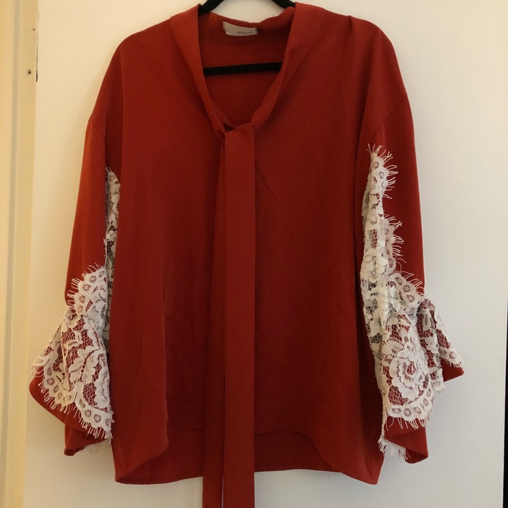 Red silky top with lace arms